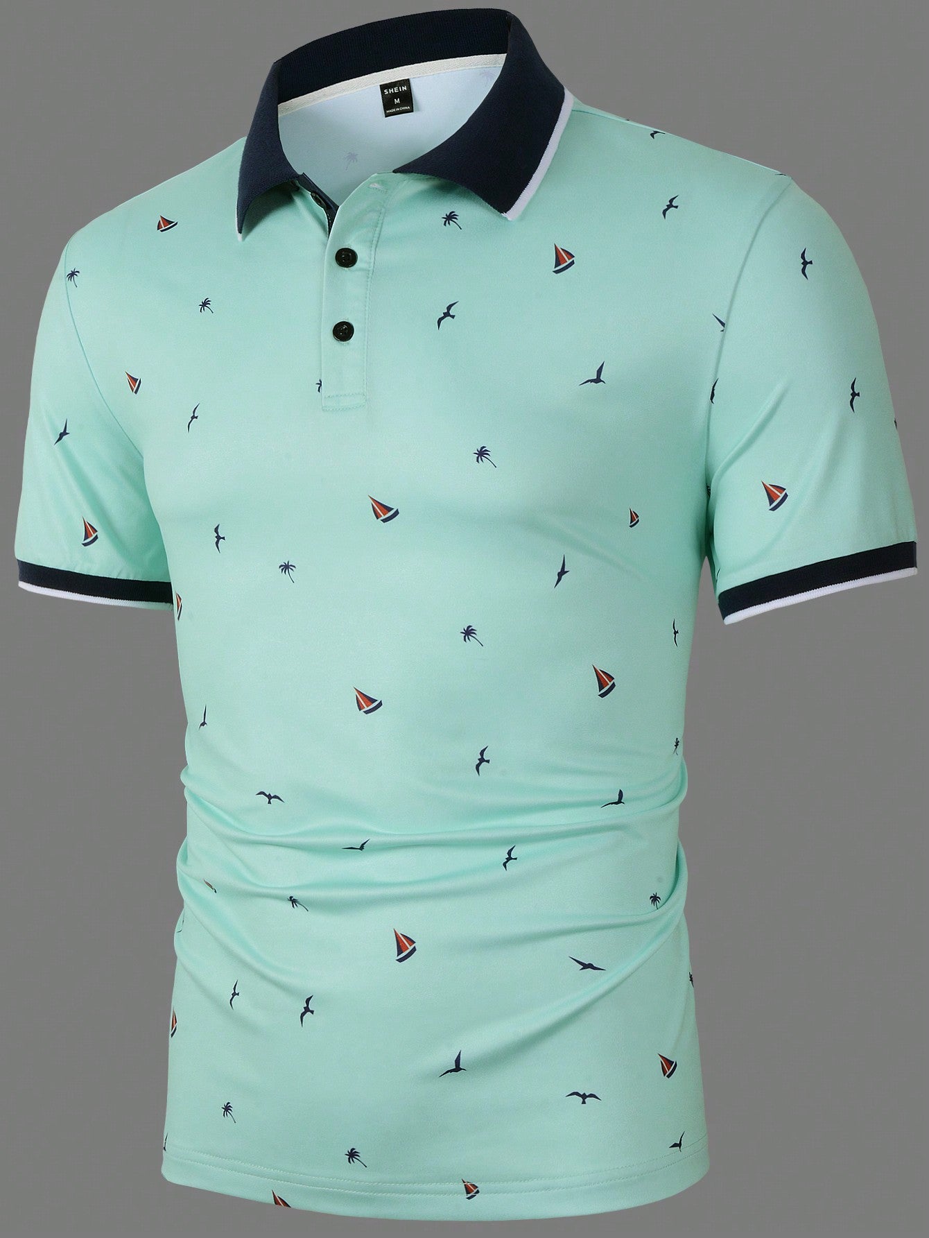 Manfinity Mode Men Coconut Tree & Ship Print Contrast Trim Polo Shirt