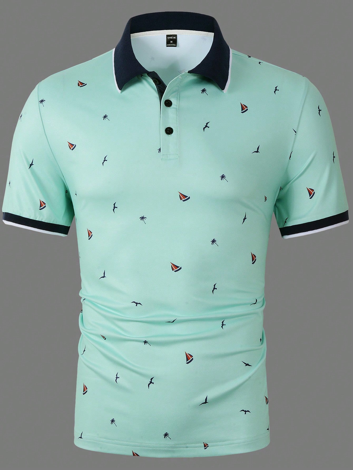 Manfinity Mode Men Coconut Tree & Ship Print Contrast Trim Polo Shirt