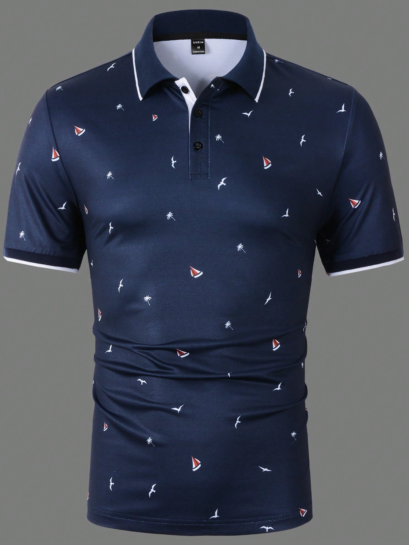 Manfinity Mode Men Coconut Tree & Ship Print Contrast Trim Polo Shirt