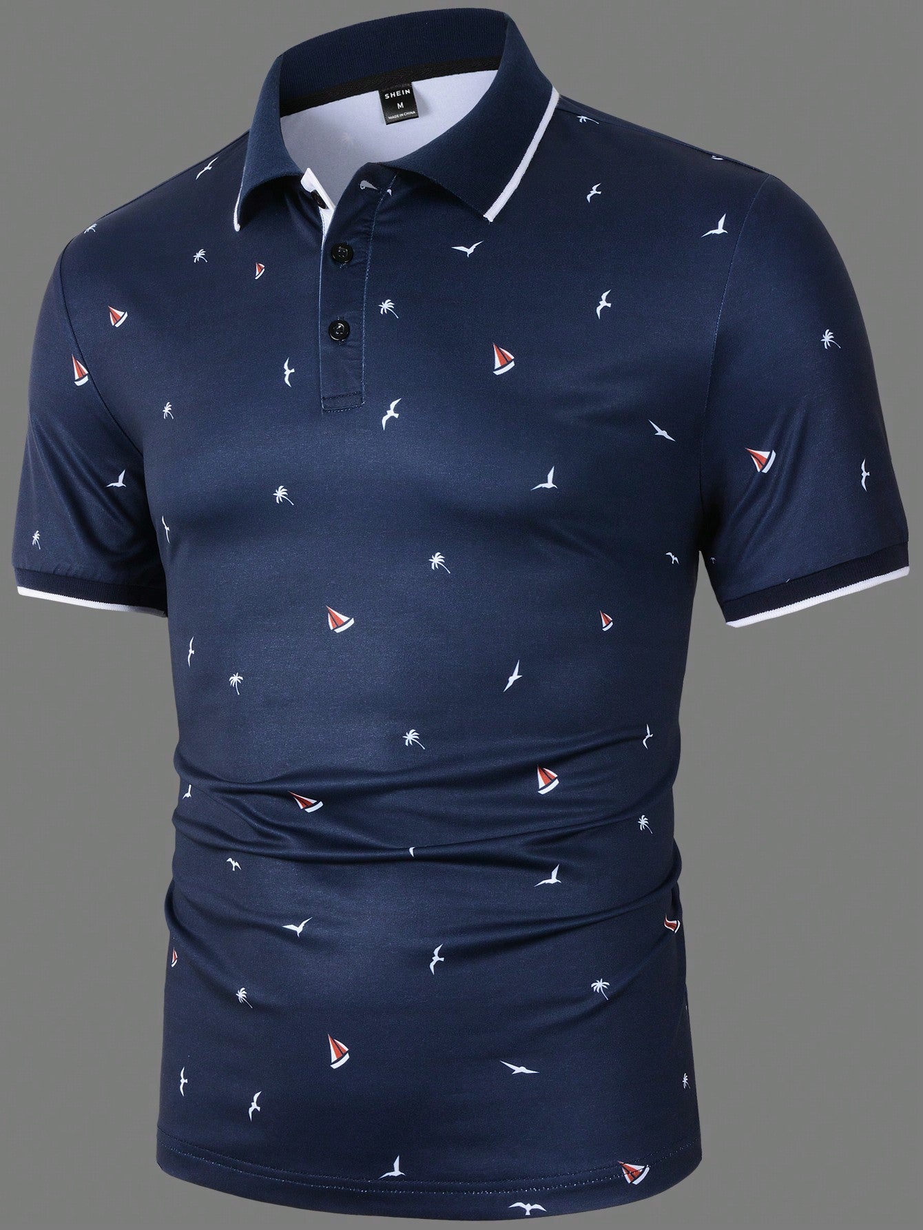 Manfinity Mode Men Coconut Tree & Ship Print Contrast Trim Polo Shirt