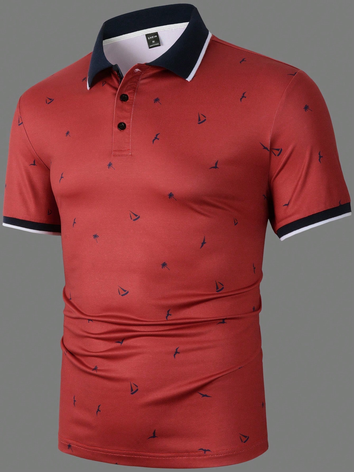 Manfinity Mode Men Coconut Tree & Ship Print Contrast Trim Polo Shirt