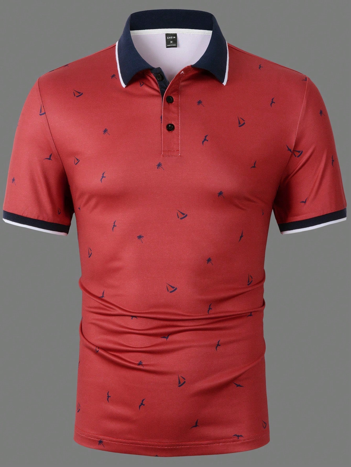 Manfinity Mode Men Coconut Tree & Ship Print Contrast Trim Polo Shirt