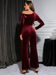 BAE Asymmetrical Neck Flare Leg Velvet Jumpsuit