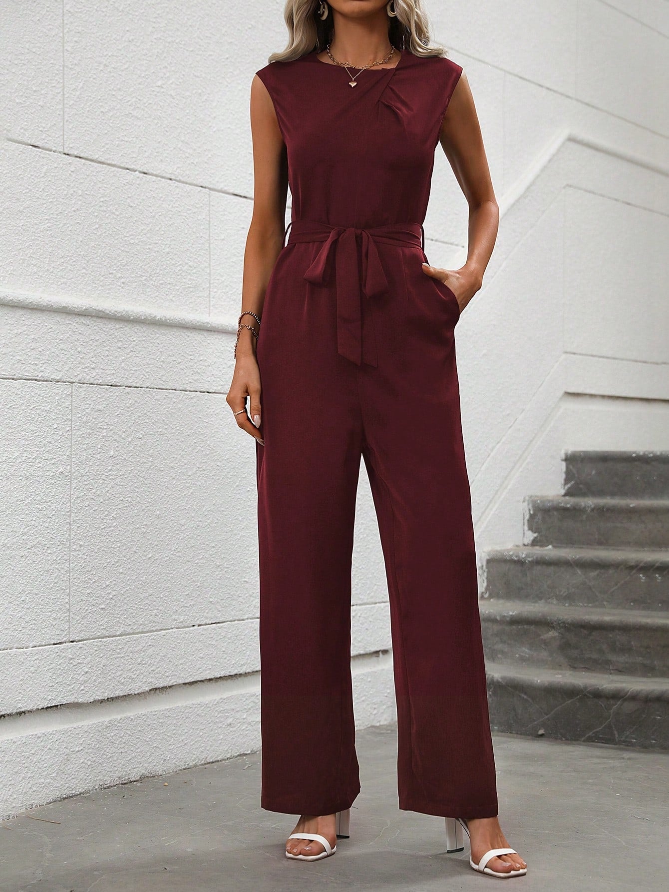 Privé Solid Belted Wide Leg Jumpsuit