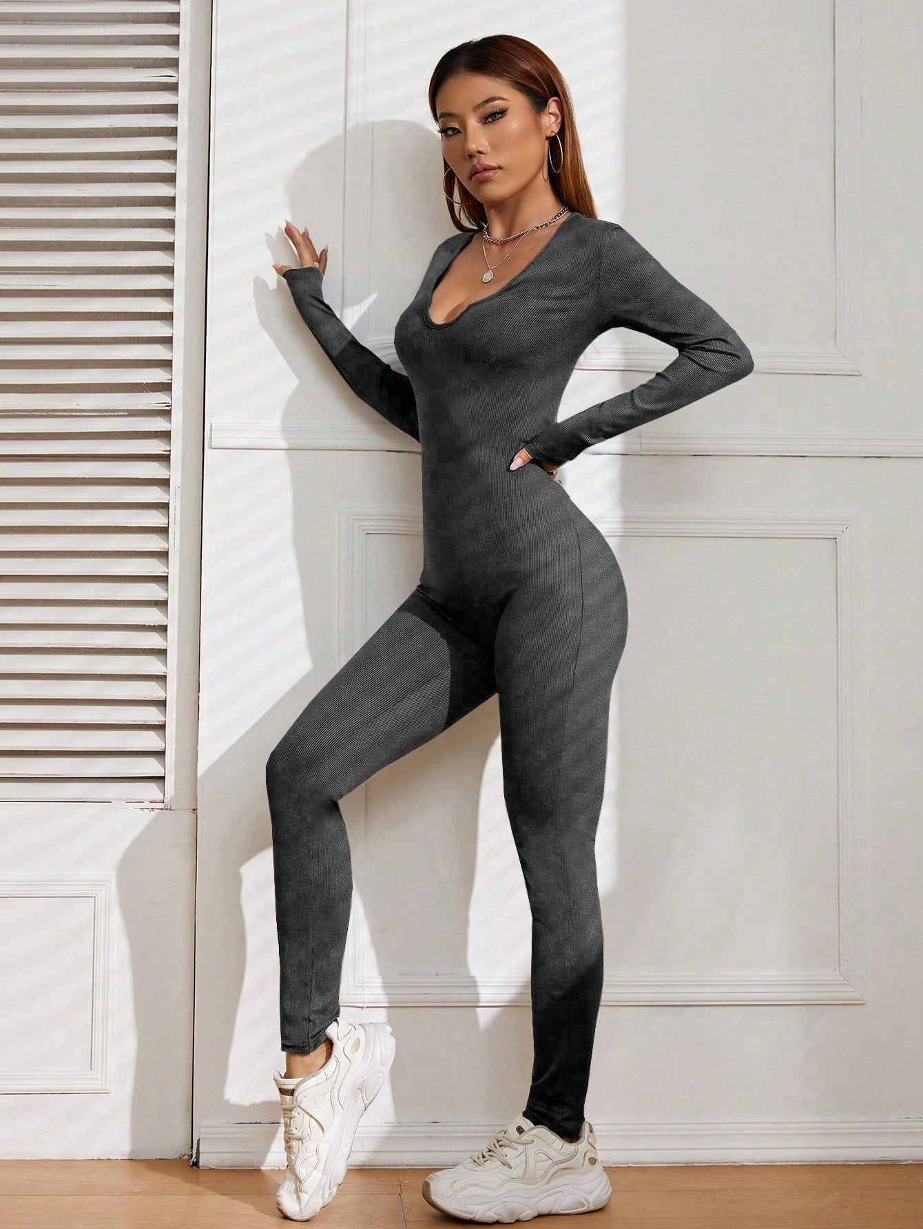 Cut Out Front Mock Neck Unitard Jumpsuit