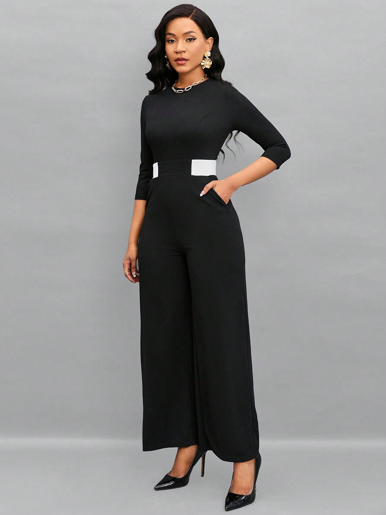 Lady Contrast Panel Slant Pocket Wide Leg Jumpsuit