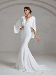 Solid Plunging Neck Cloak Sleeve Mermaid Hem Wedding Dress