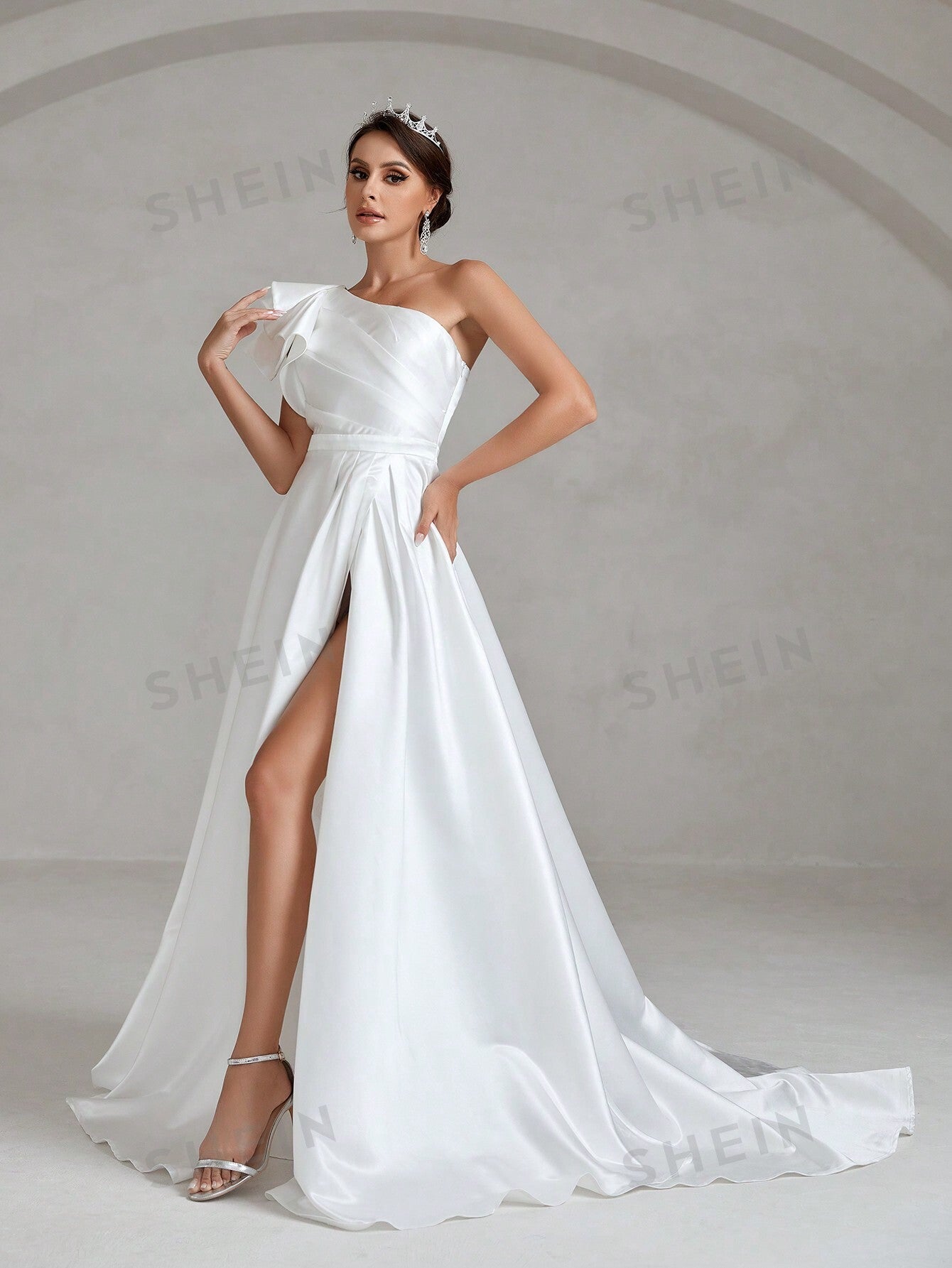 One Shoulder Ruffle Trim Split Thigh Satin Wedding Dress