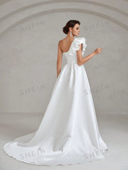 One Shoulder Ruffle Trim Split Thigh Satin Wedding Dress