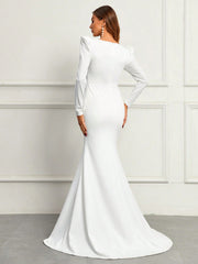 Belle Solid V-neck Mermaid Hem Wedding Dress Without Veil