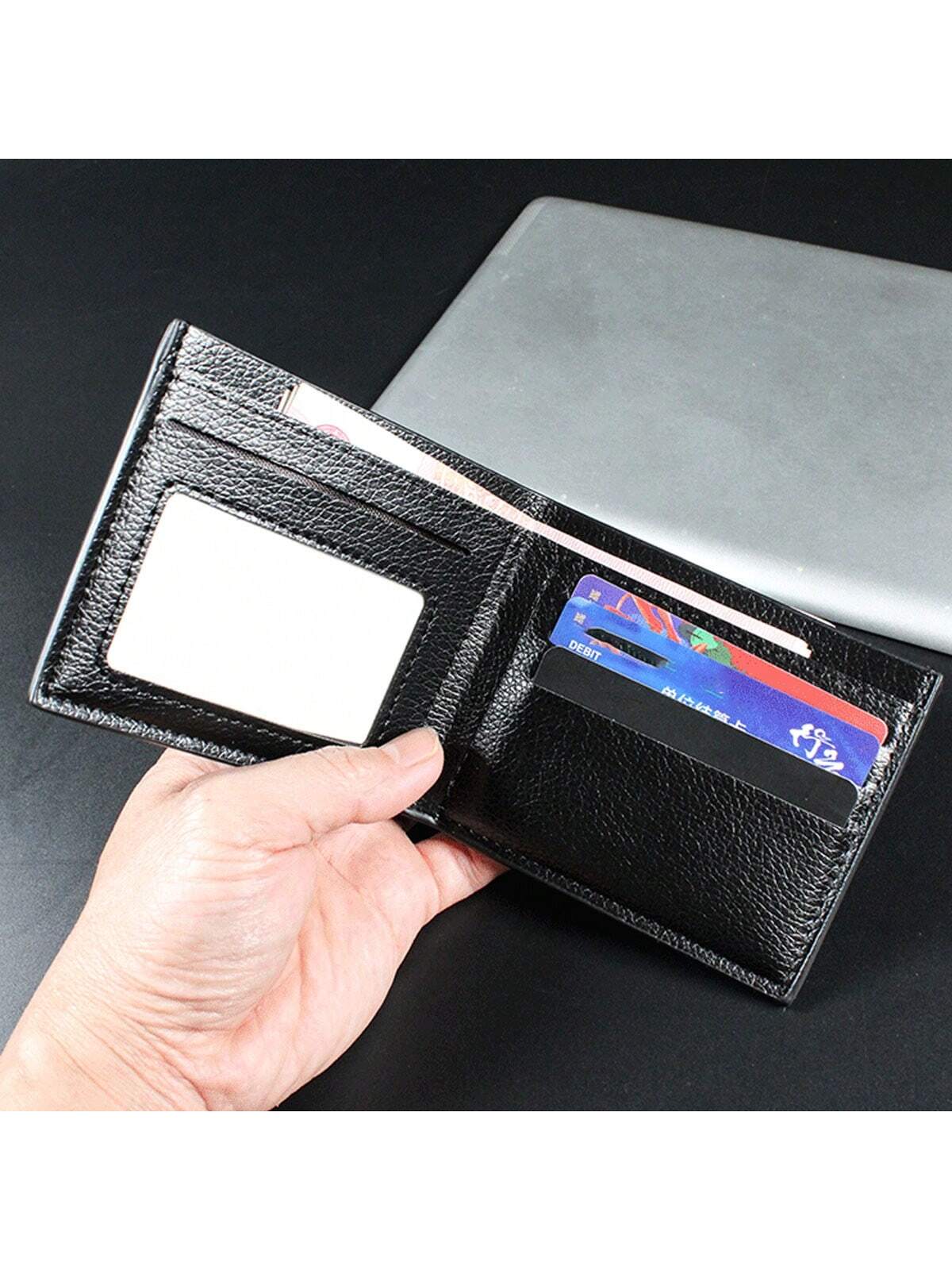 1pc Men's Black Pu Leather Multifunctional Short Wallet, With Fashionable Litchi Pattern, Anti-theft Brush Wallet