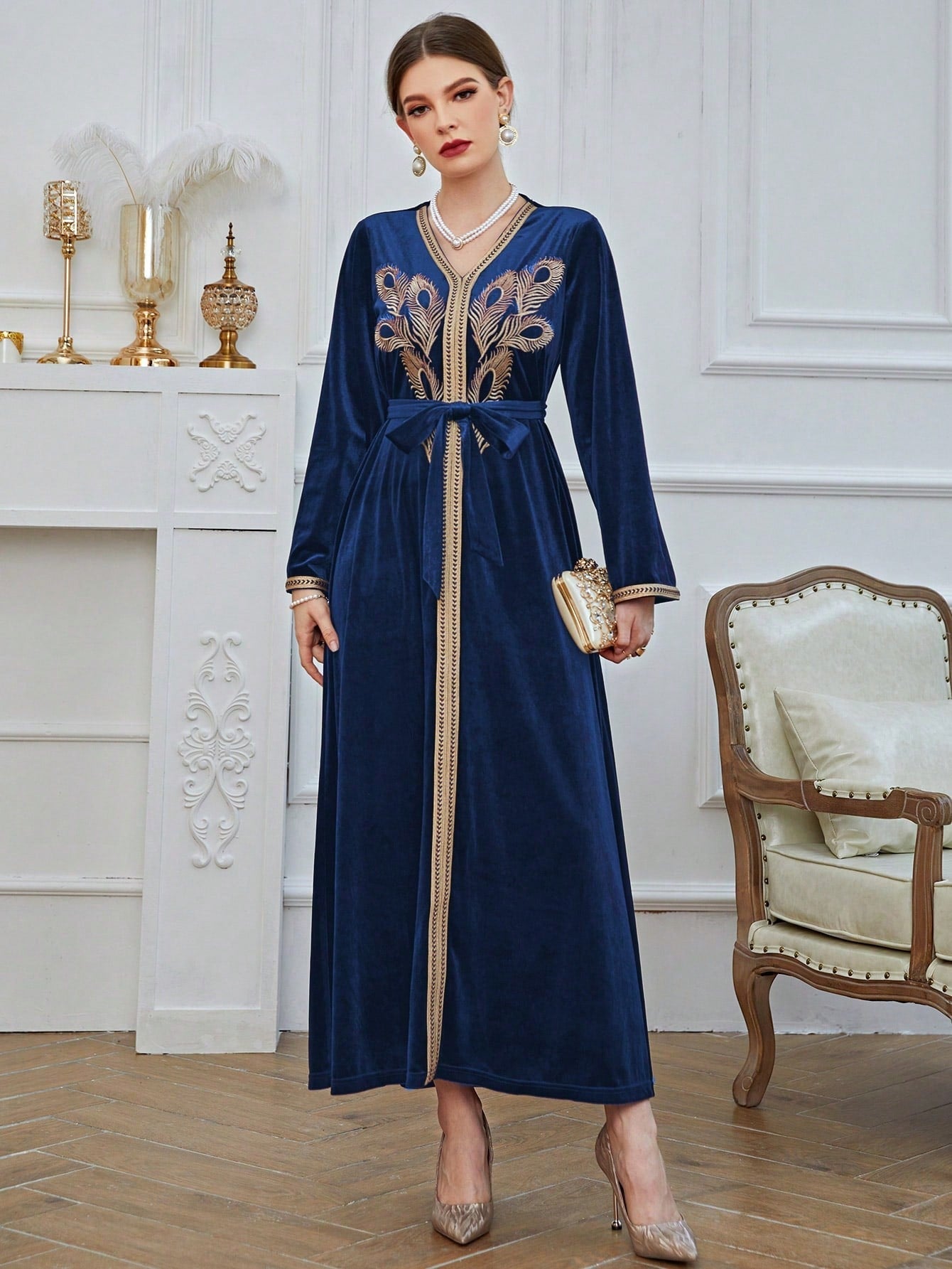 Embroidery Contrast Trim Belted Kaftan Dress