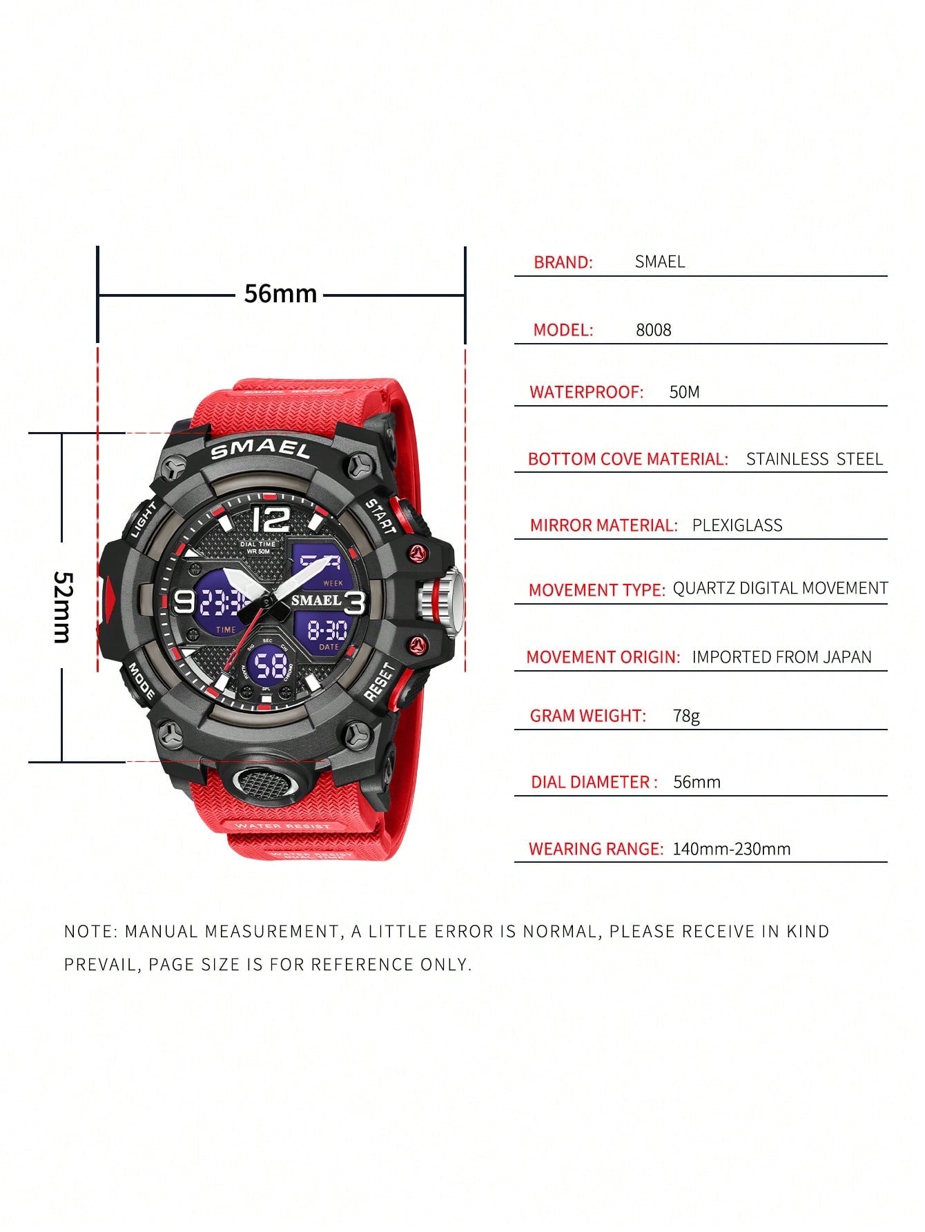 Smael Men's Red Electronic Sports Watch With Multi-function, Waterproof, Alarm, Dual Display And Fashionable Design