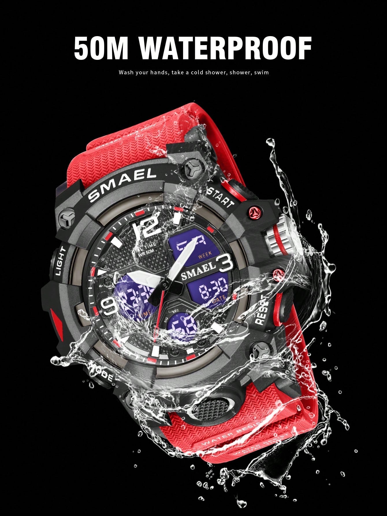 Smael Men's Red Electronic Sports Watch With Multi-function, Waterproof, Alarm, Dual Display And Fashionable Design