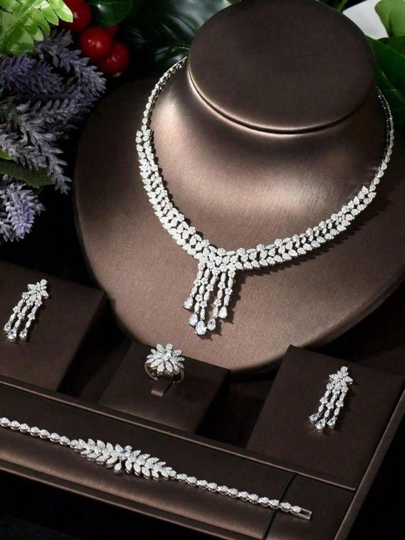 1 Set Long Tassel Water Drop Earring Necklace Set Cubic Zirconia Dubai Jewelry for Women Bridal Wedding Sets