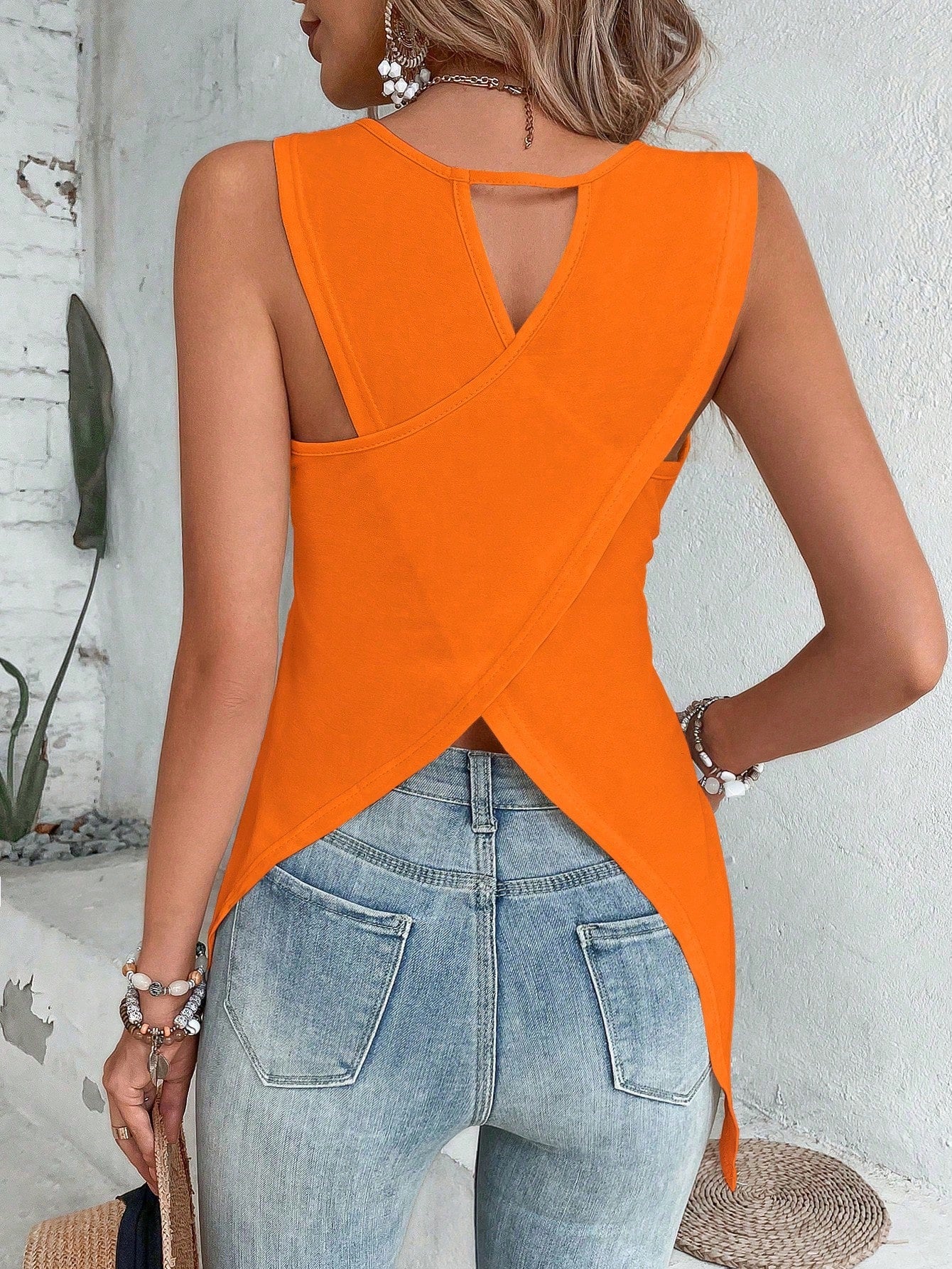 VCAY Cut Out Wrap Cross Wrap Back Asymmetrical Hem Tank Top