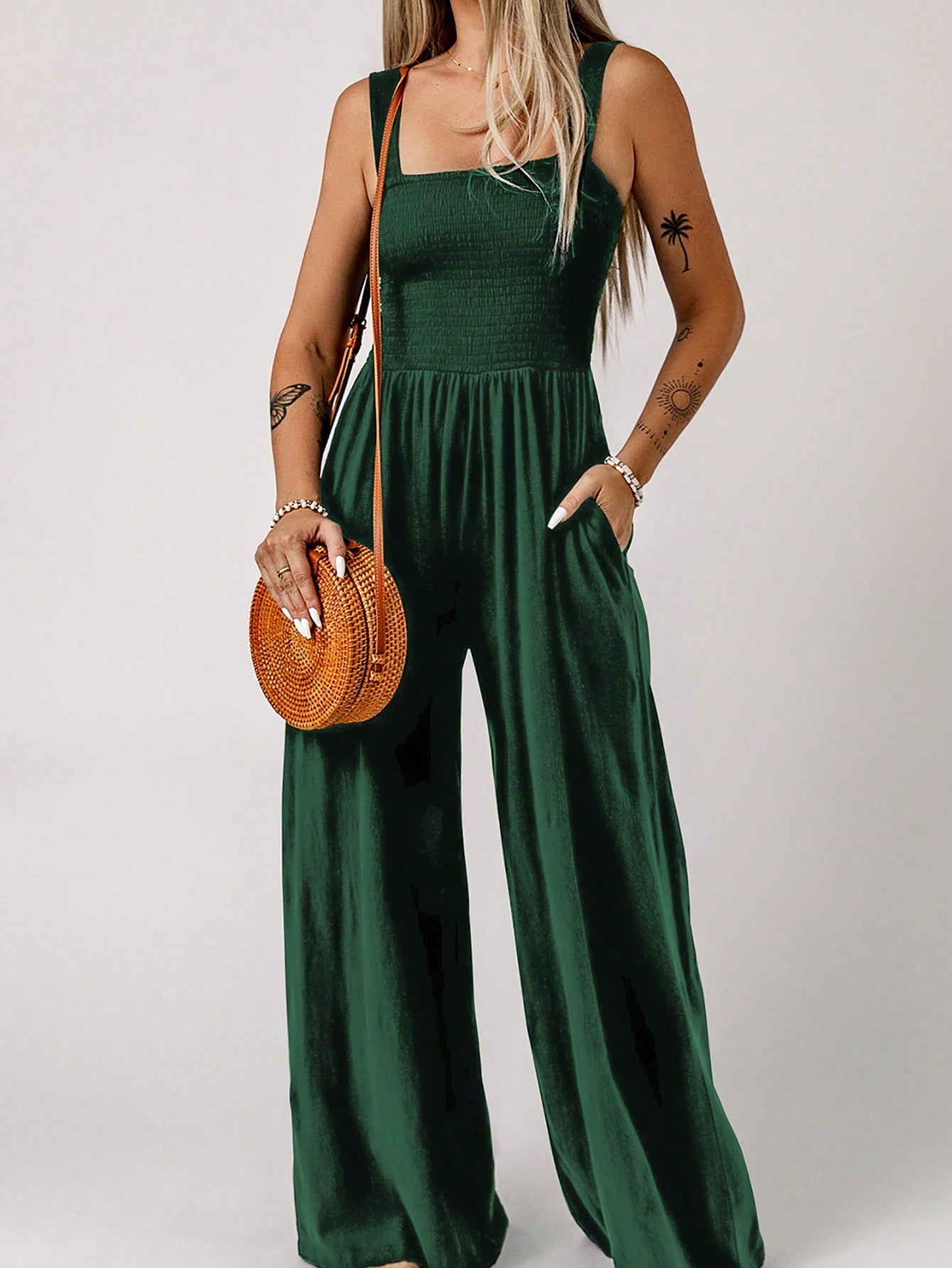 Acelitt Solid Slant Pocket Wide Leg Cami Jumpsuit