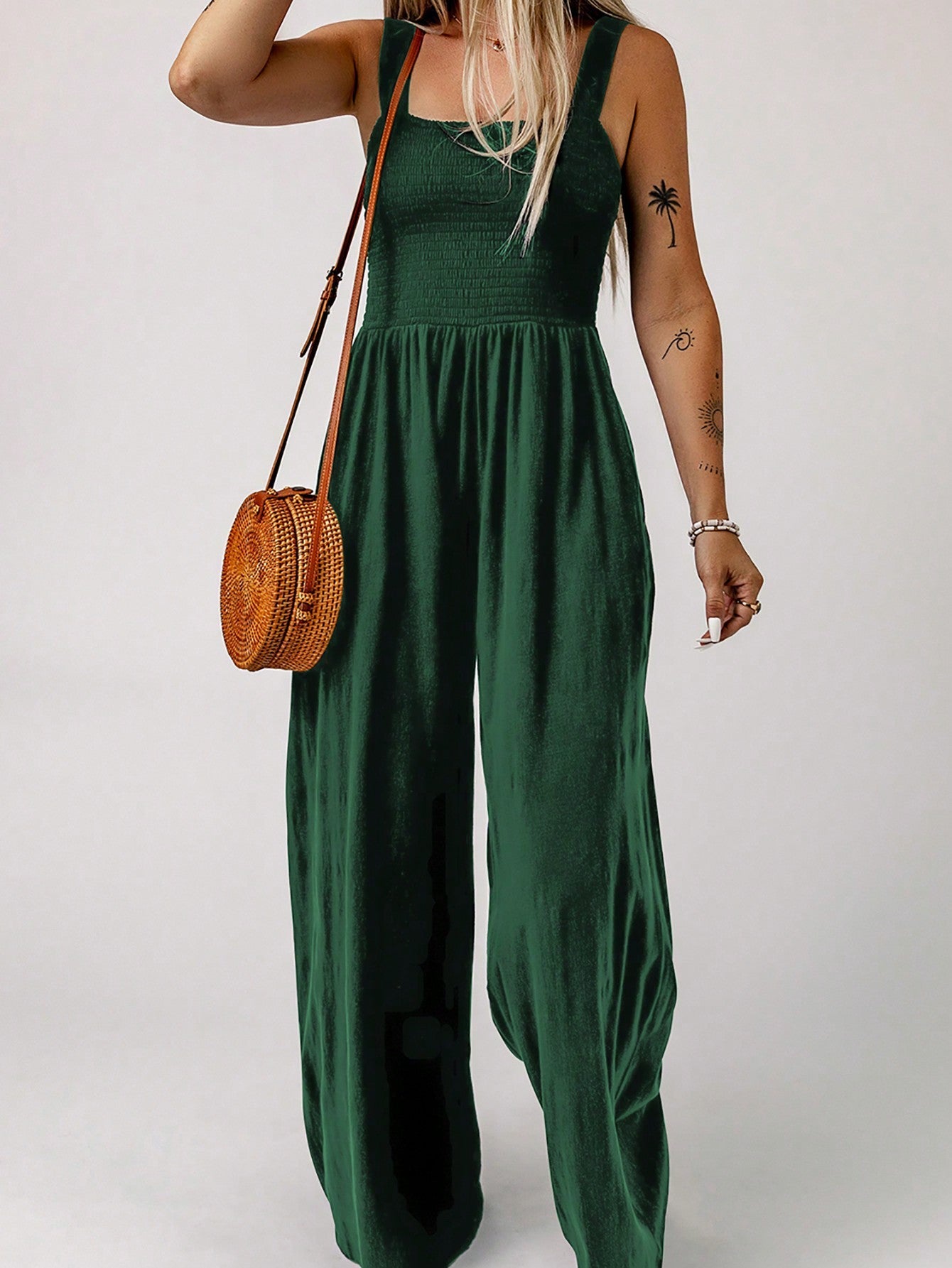 Acelitt Solid Slant Pocket Wide Leg Cami Jumpsuit