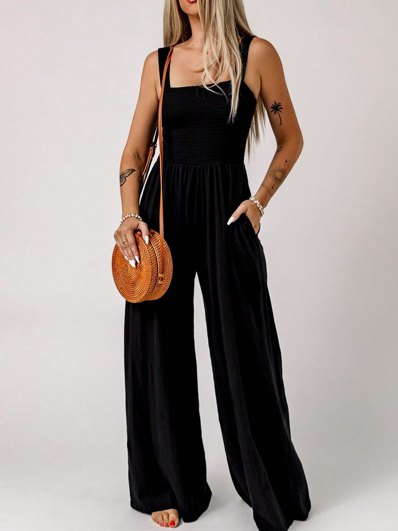 Acelitt Solid Slant Pocket Wide Leg Cami Jumpsuit