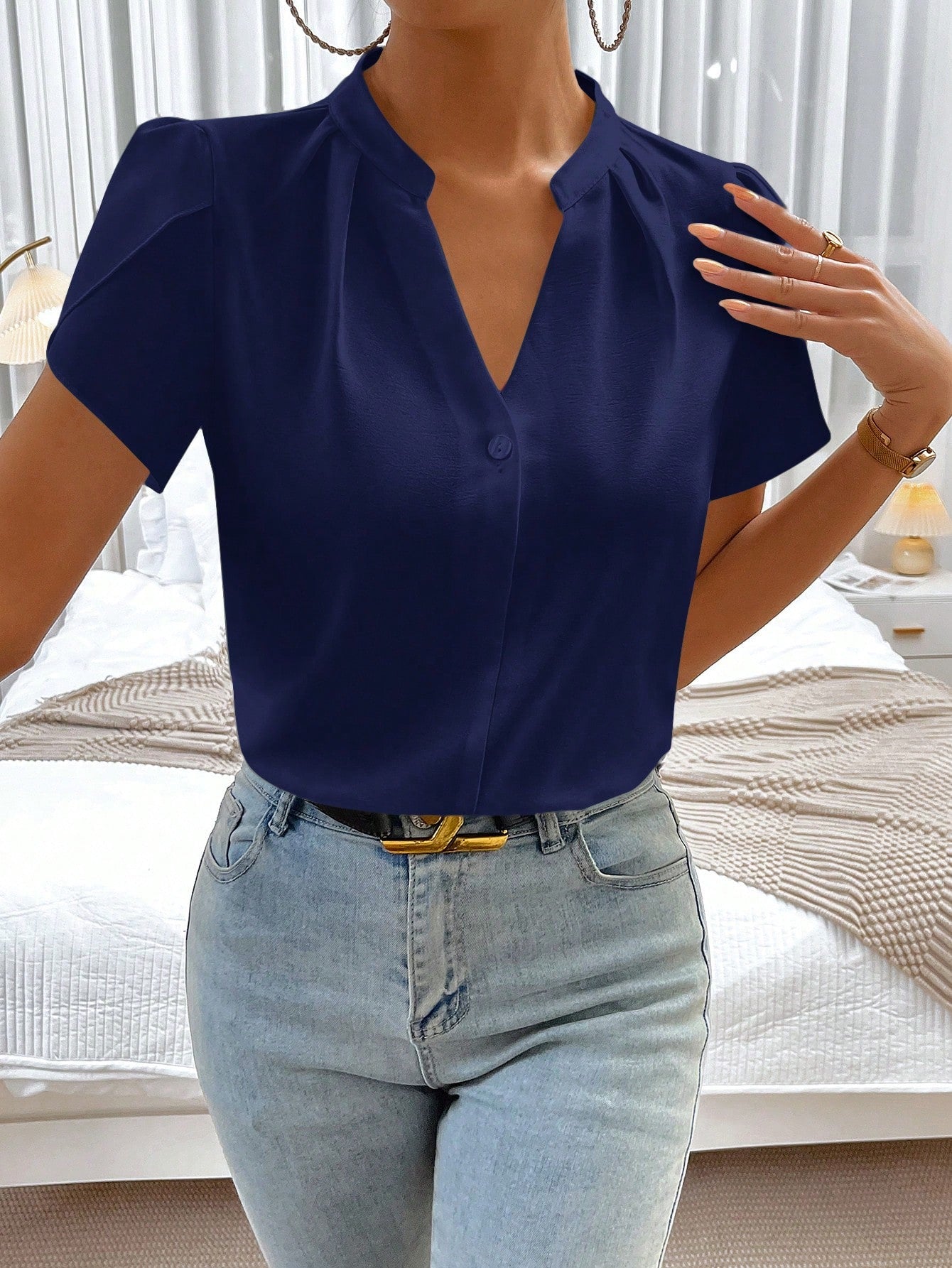 Privé Solid Notched Neckline Petal Sleeve Blouse