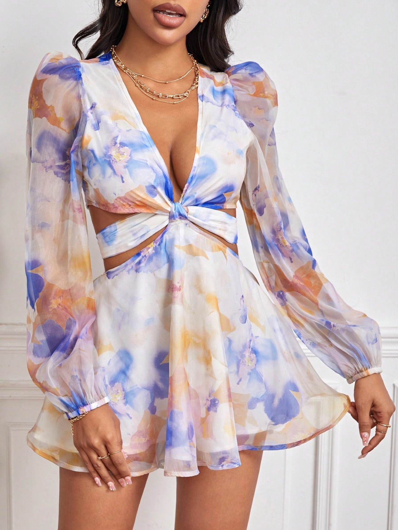 VCAY Tie Dye Cut Out Waist Plunging Neck Lantern Sleeve Tie Backless Mesh Overlay Romper