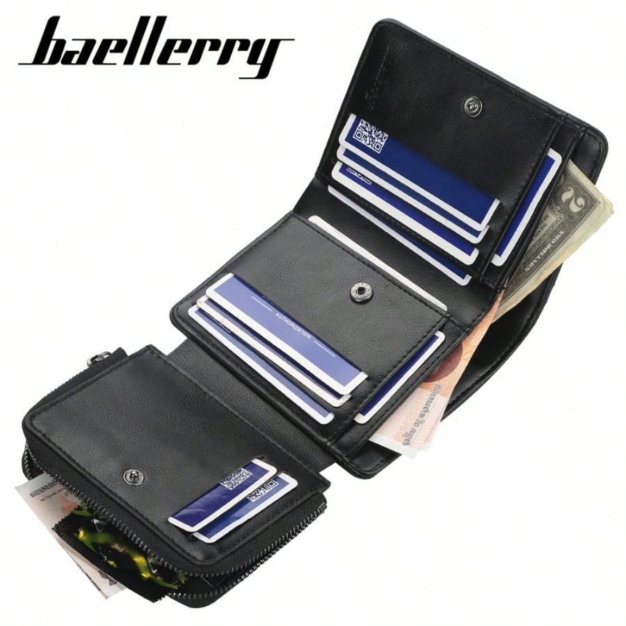 Men's Short Wallet With Multiple Card Slots, Three-folded, Zippered Coin Purse, Stylish And Slim