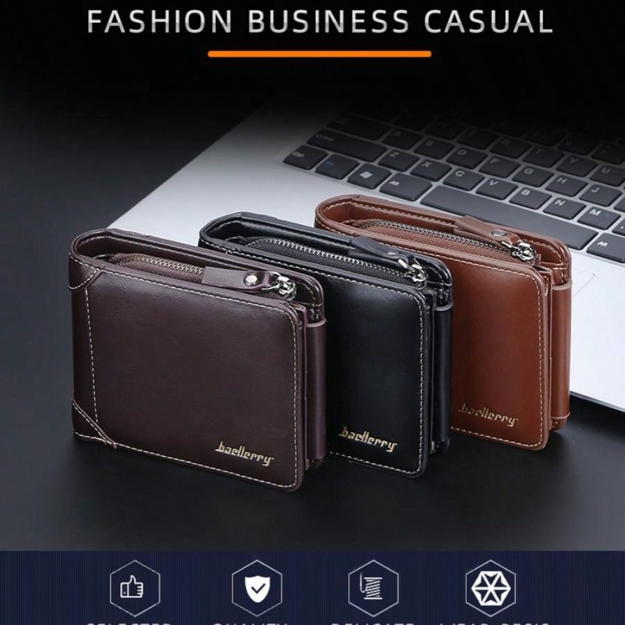 Men's Short Wallet With Multiple Card Slots, Three-folded, Zippered Coin Purse, Stylish And Slim