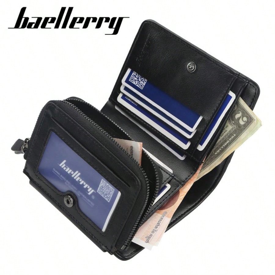 Men's Short Wallet With Multiple Card Slots, Three-folded, Zippered Coin Purse, Stylish And Slim