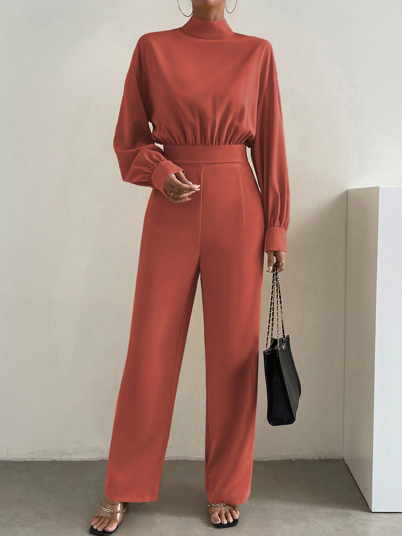 Essnce Mock Neck Lantern Sleeve Wide Leg Jumpsuit