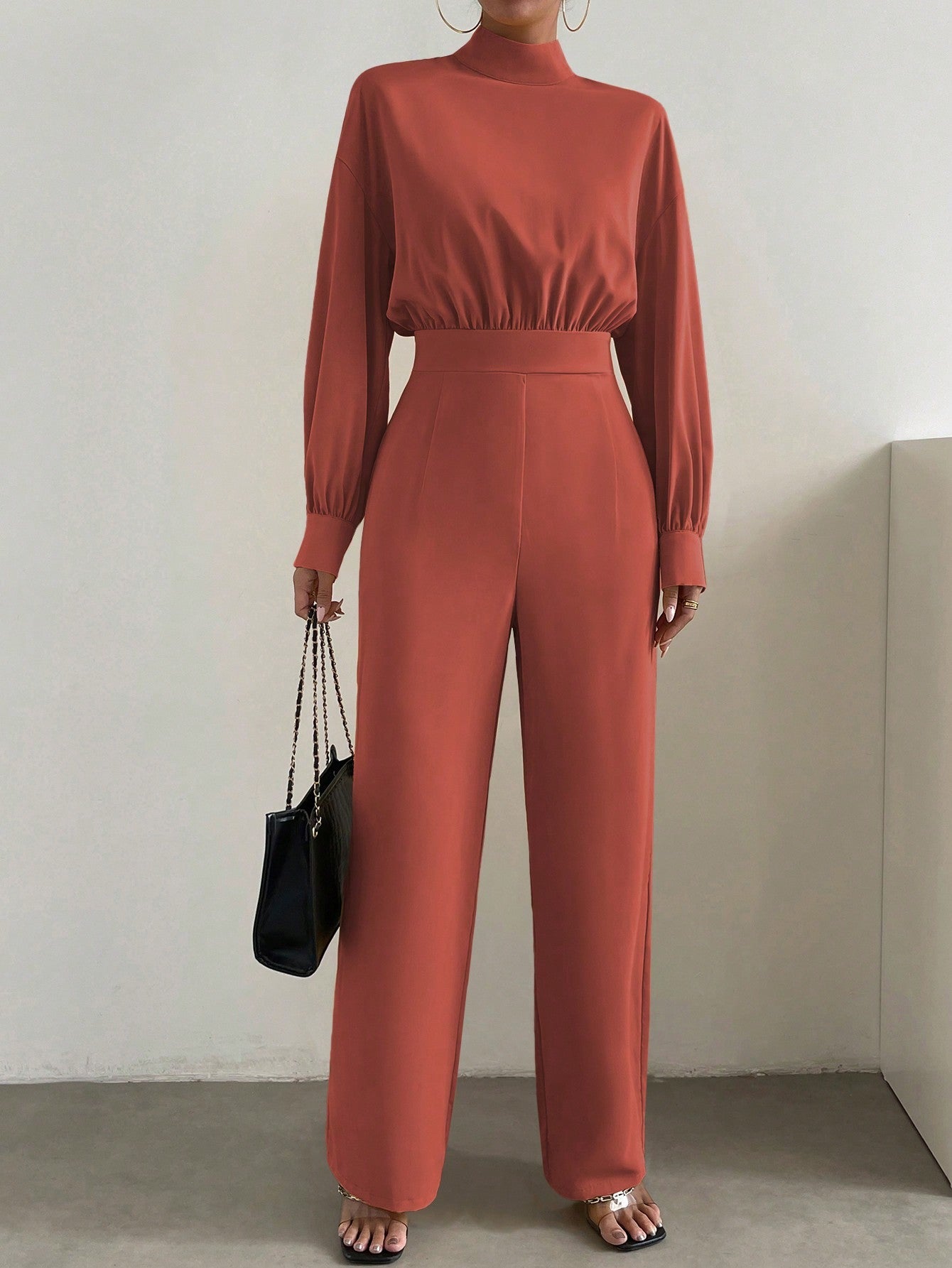 Essnce Mock Neck Lantern Sleeve Wide Leg Jumpsuit