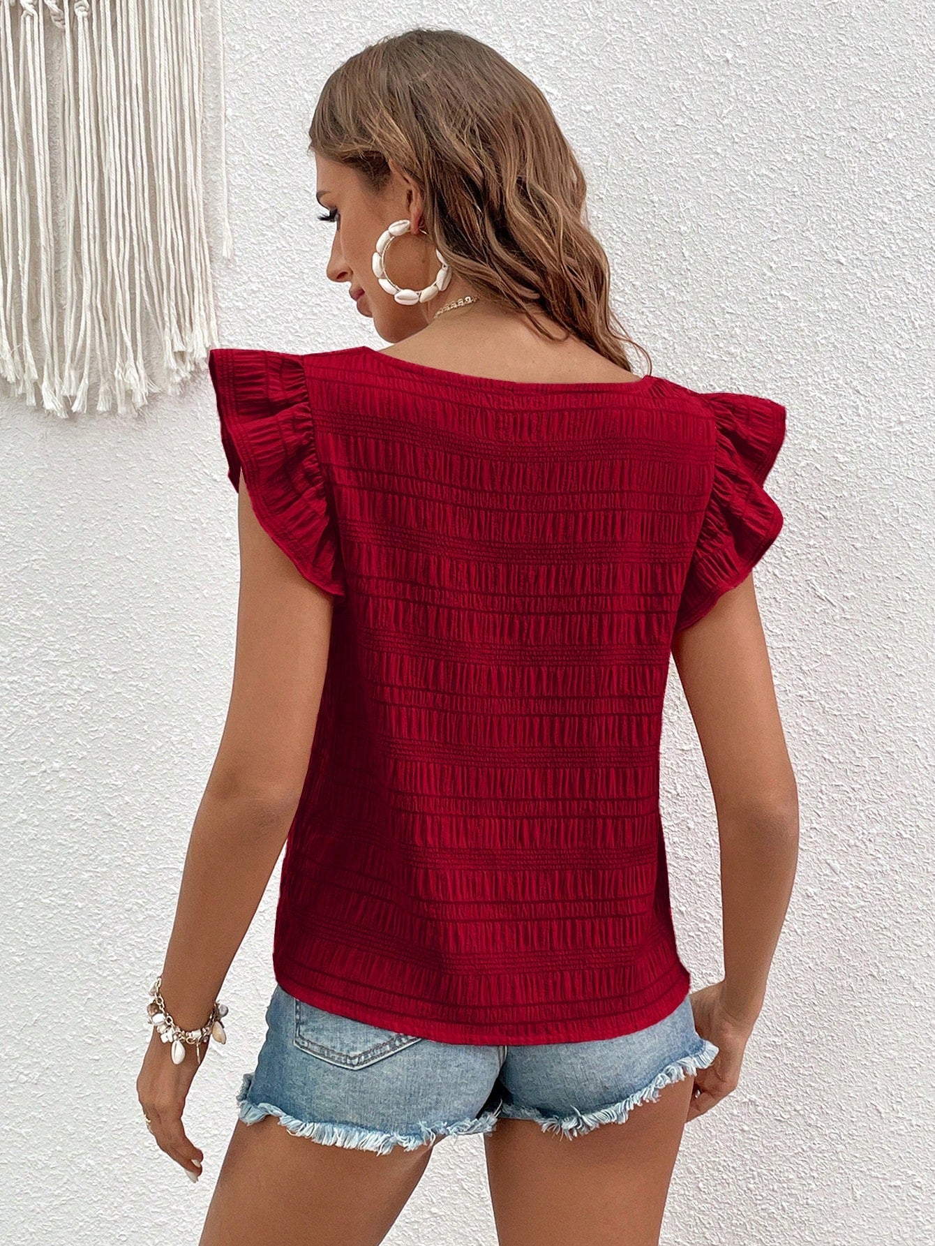 VCAY Solid Puff Sleeve Ruffle Trim Blouse Square Neck Top