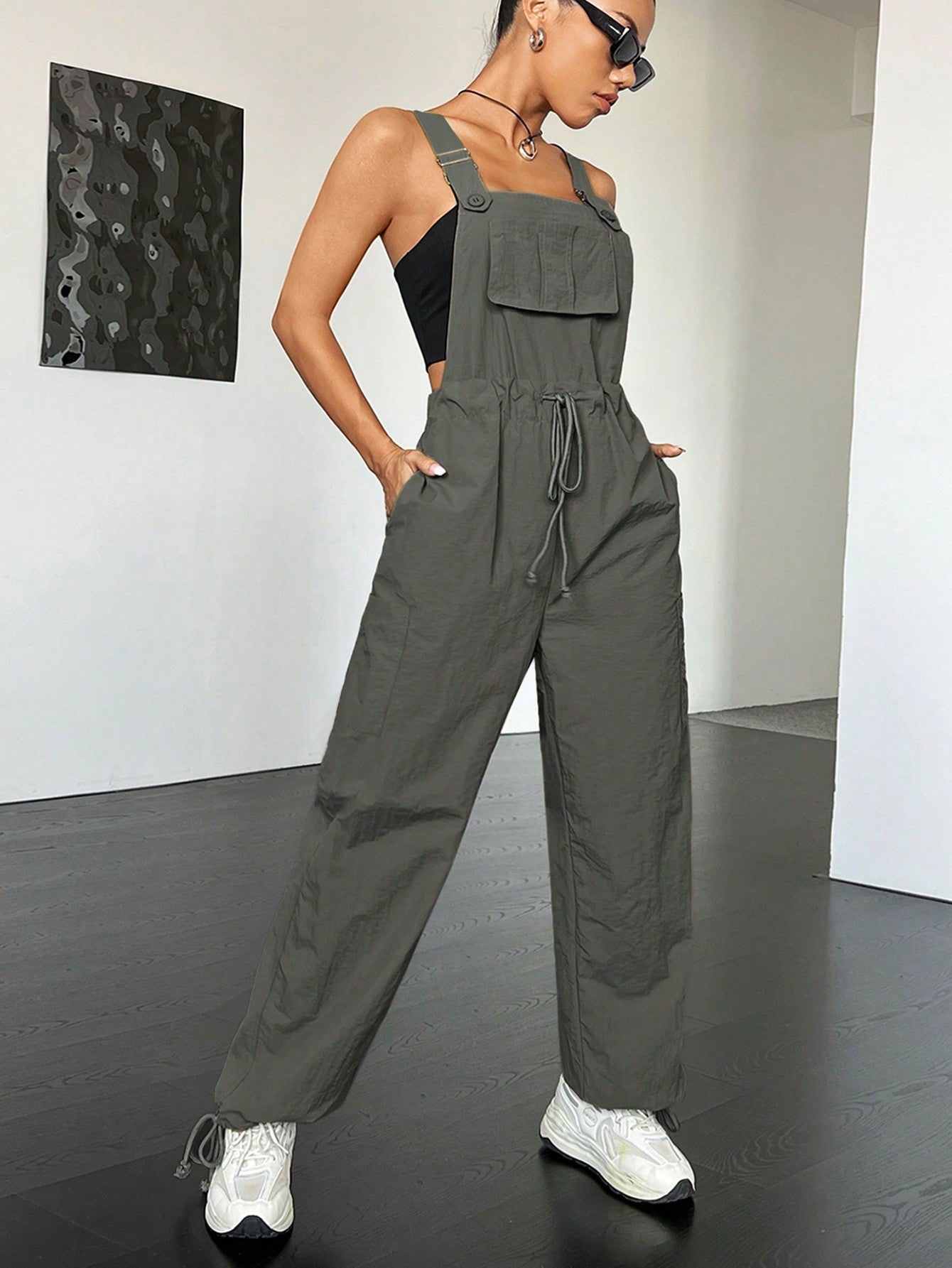 Coolane Flap Pocket Drawstring Waist Overall Jumpsuit