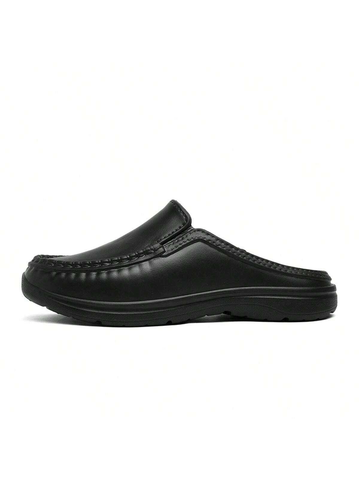 Simple Slip-on Men's Half Slippers With Non-slip Pu Leather Outsole, Suitable For Driving And Chef Work