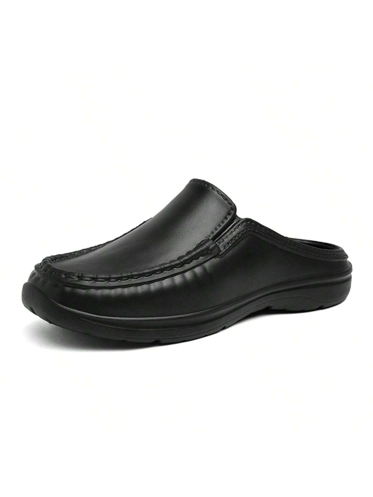 Simple Slip-on Men's Half Slippers With Non-slip Pu Leather Outsole, Suitable For Driving And Chef Work