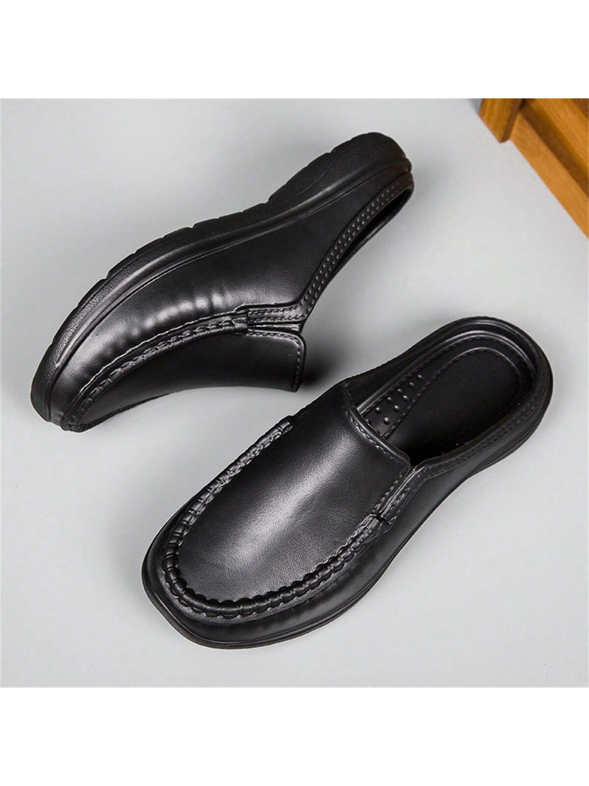 Simple Slip-on Men's Half Slippers With Non-slip Pu Leather Outsole, Suitable For Driving And Chef Work