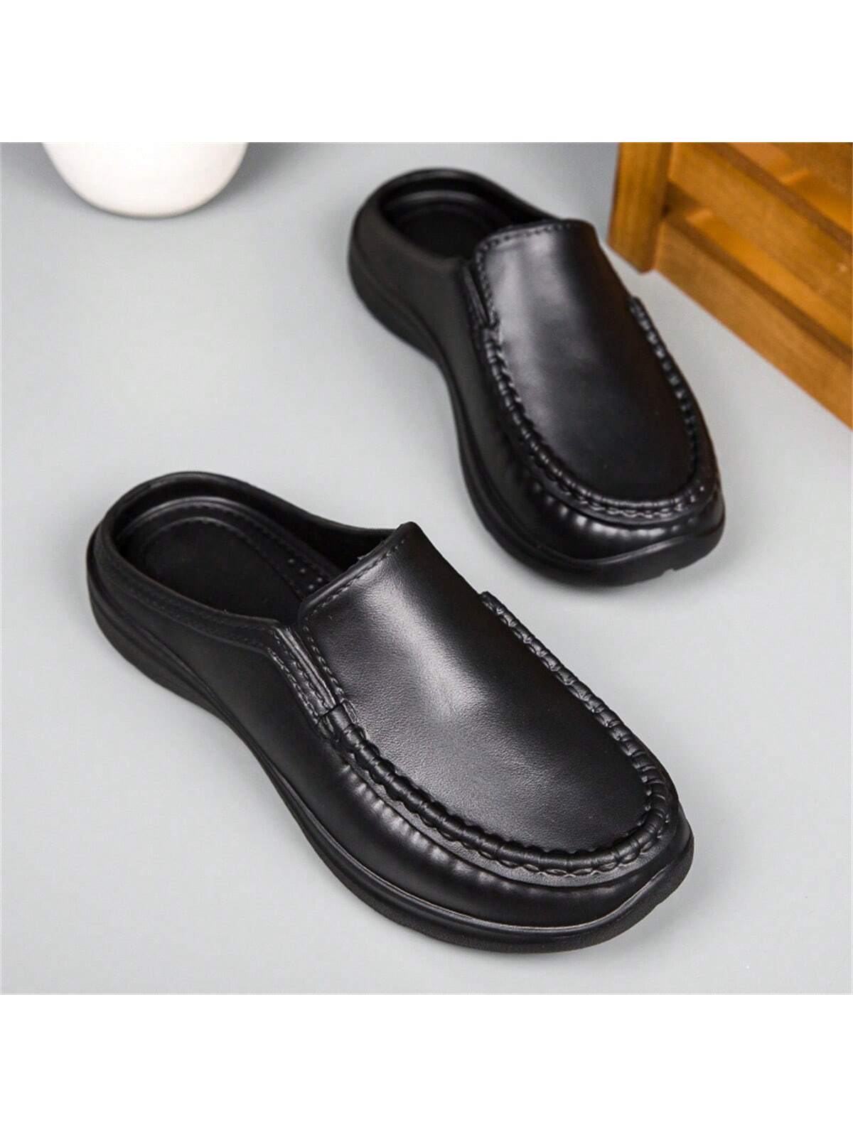 Simple Slip-on Men's Half Slippers With Non-slip Pu Leather Outsole, Suitable For Driving And Chef Work