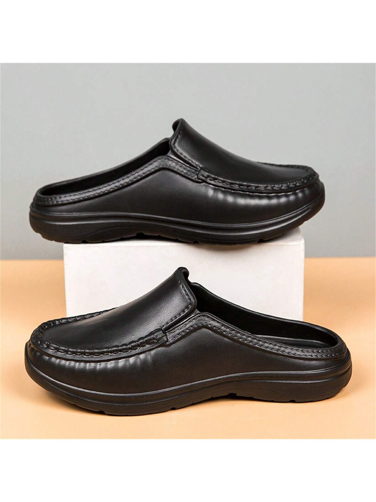 Simple Slip-on Men's Half Slippers With Non-slip Pu Leather Outsole, Suitable For Driving And Chef Work