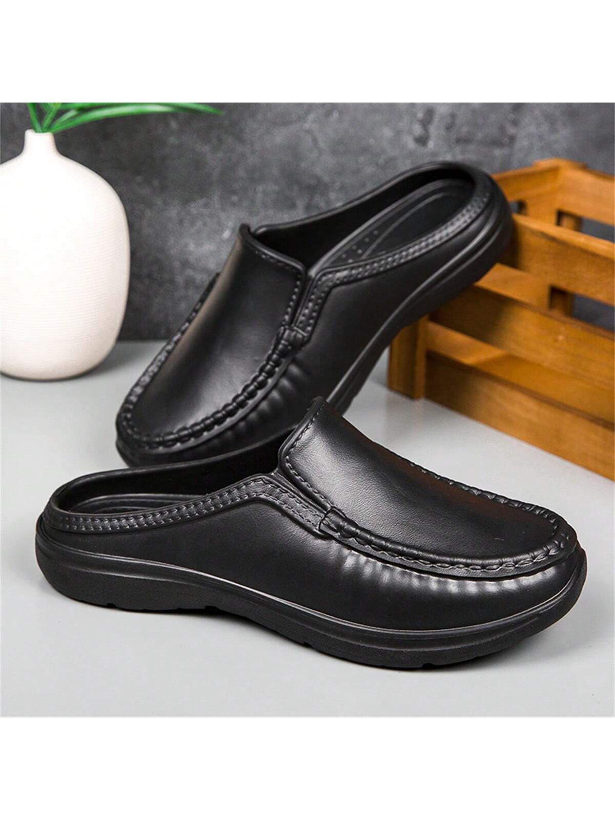 Simple Slip-on Men's Half Slippers With Non-slip Pu Leather Outsole, Suitable For Driving And Chef Work