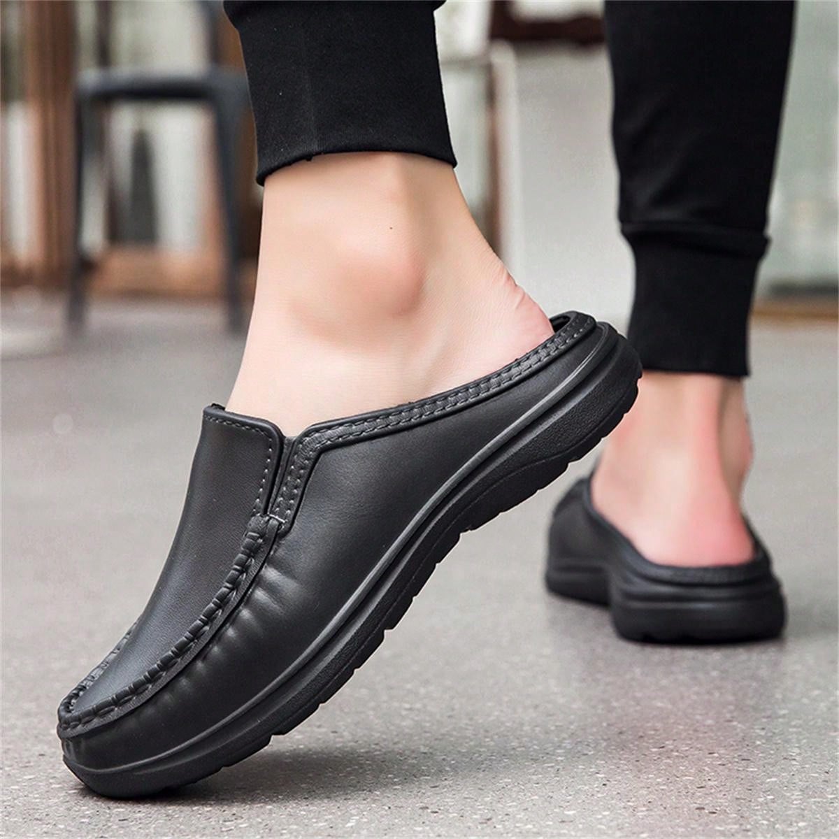 Simple Slip-on Men's Half Slippers With Non-slip Pu Leather Outsole, Suitable For Driving And Chef Work