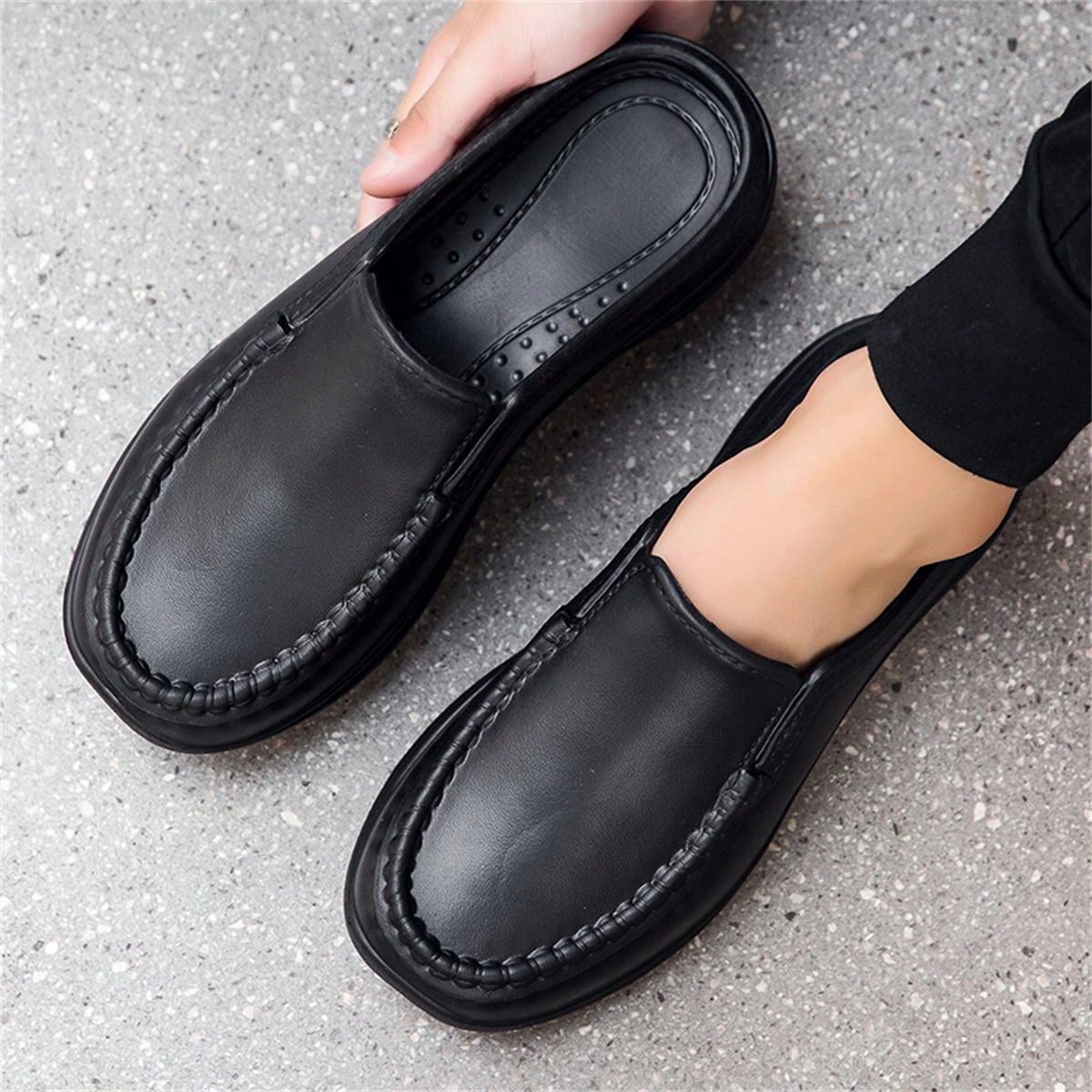 Simple Slip-on Men's Half Slippers With Non-slip Pu Leather Outsole, Suitable For Driving And Chef Work