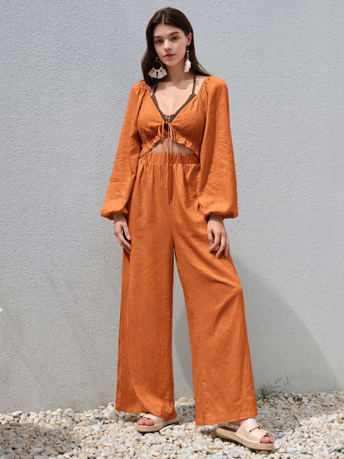 BohoFeels Tie Front Lantern Sleeve Jumpsuit