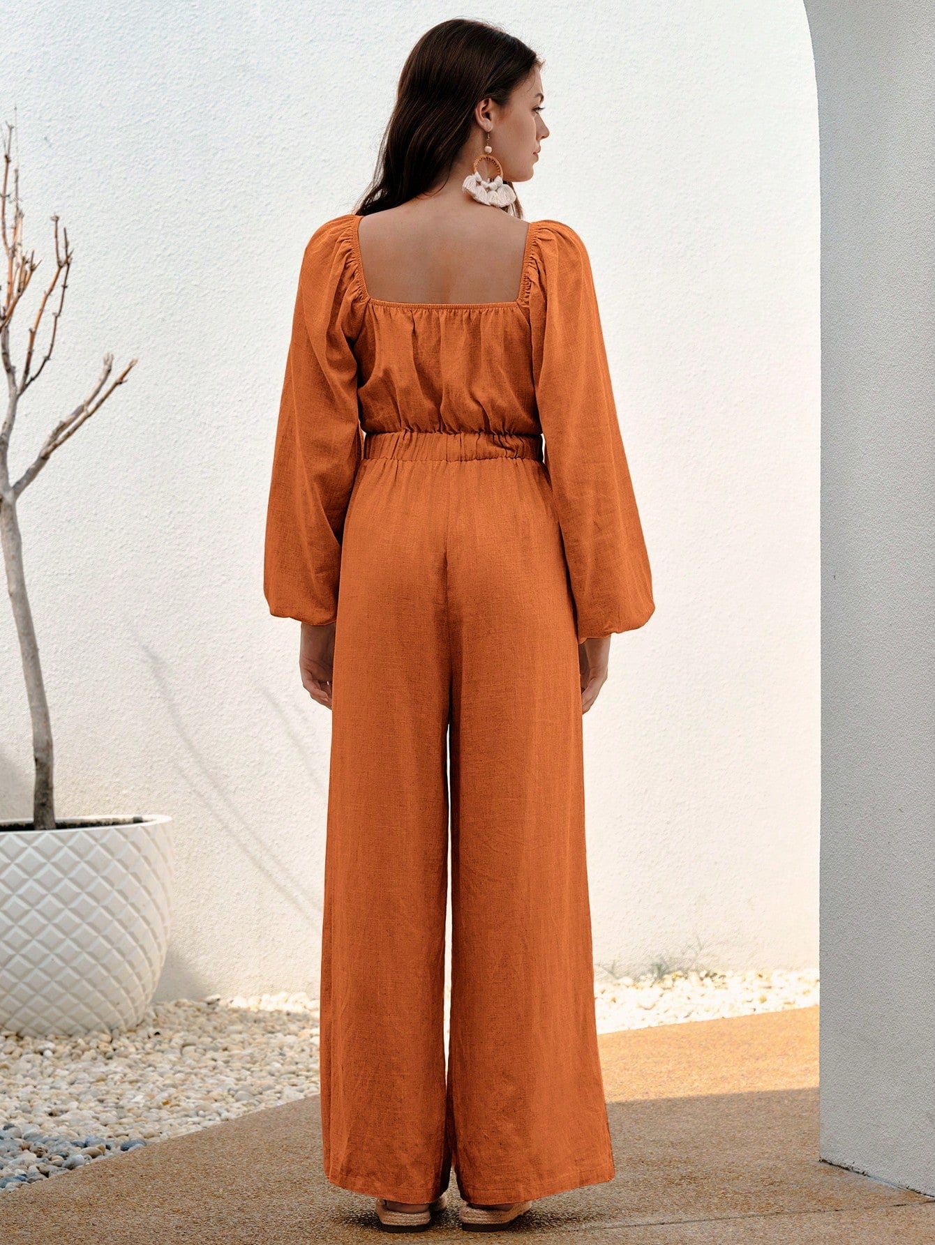 BohoFeels Tie Front Lantern Sleeve Jumpsuit