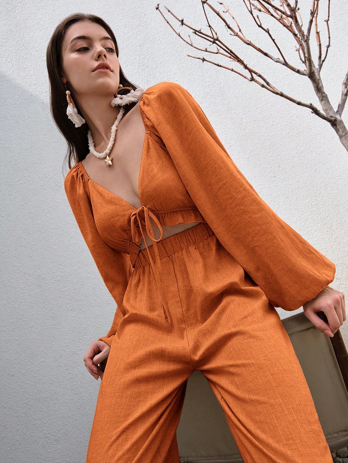 BohoFeels Tie Front Lantern Sleeve Jumpsuit