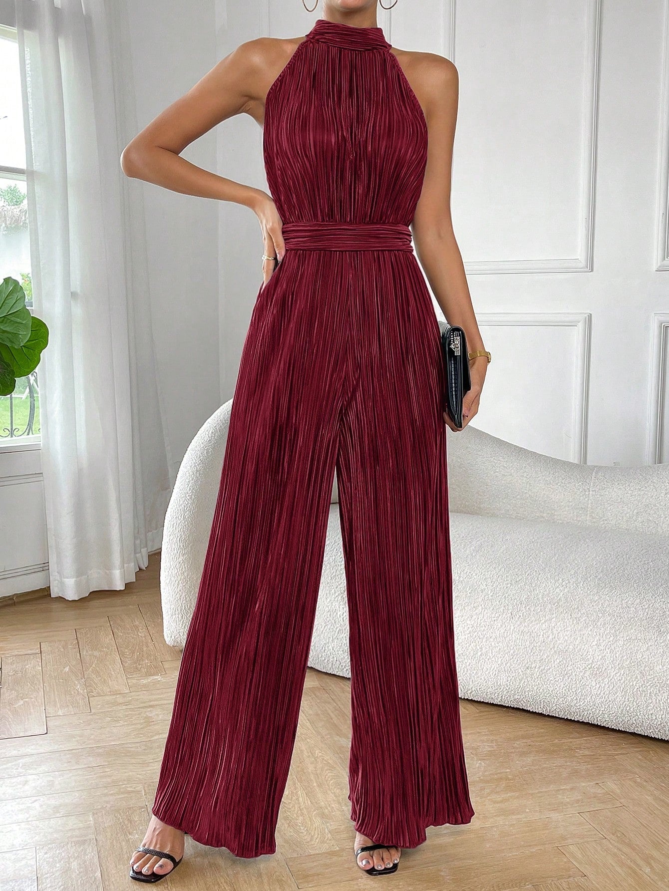 Essnce Solid Halter Neck Wide Leg Plisse Wide Leg Jumpsuit