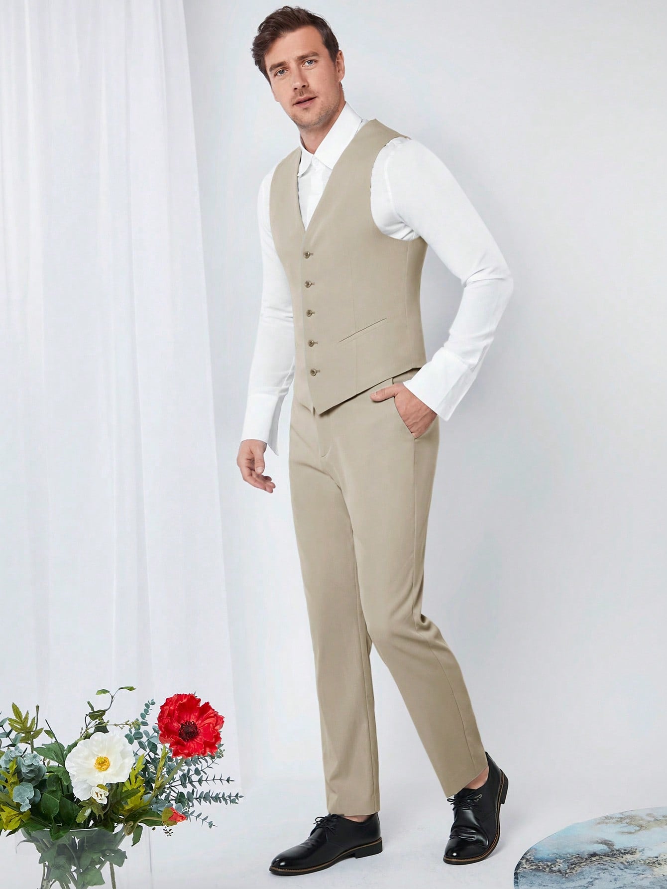 Manfinity Mode Men 1pc Lapel Neck Blazer & 1pc Single Breasted Waistcoat & 1pc Suit Pants