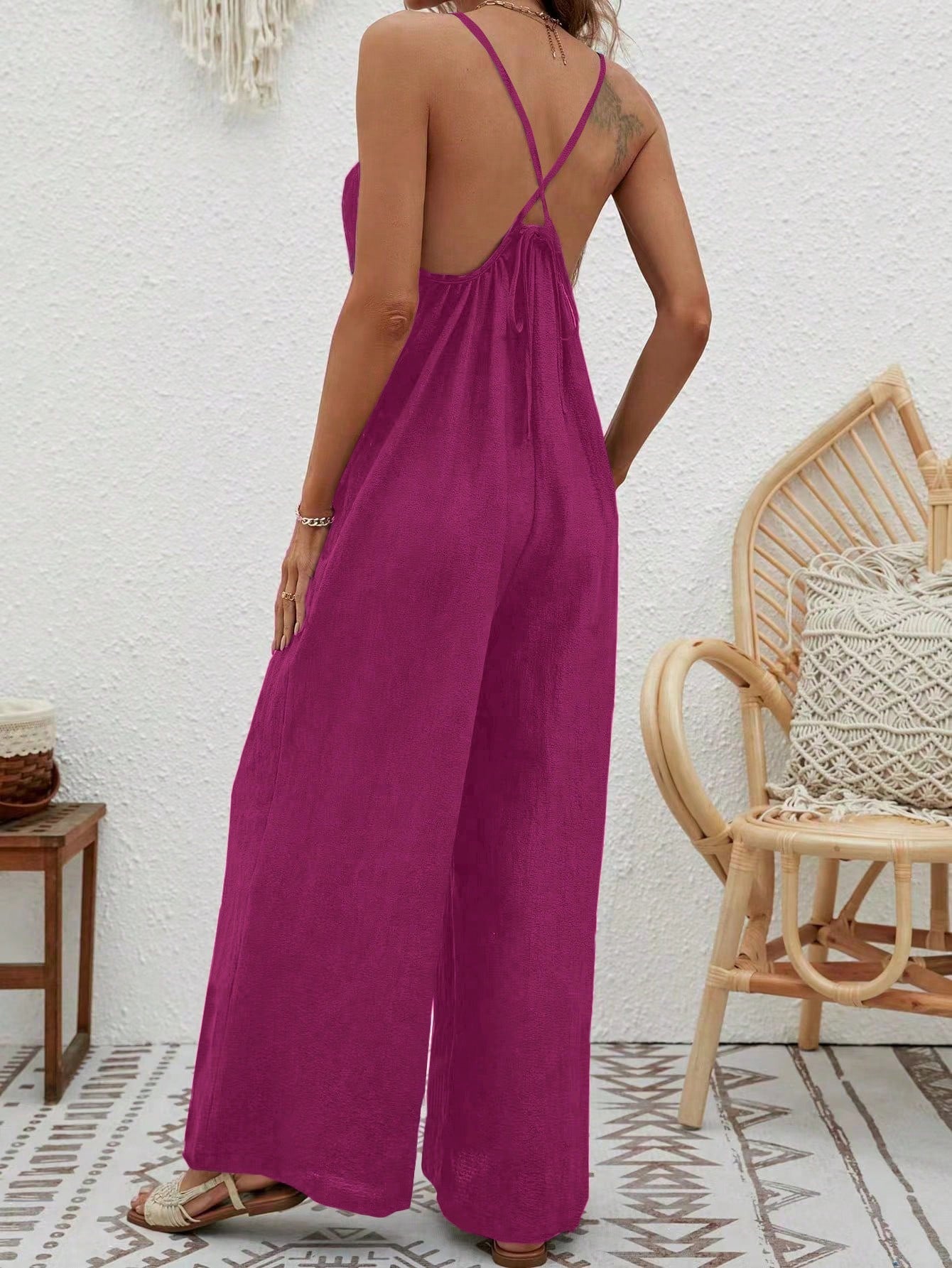 VCAY Crisscross Backless Wide Leg Cami Jumpsuit