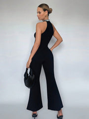 BIZwear Contrast Mesh Halter Neck Flare Leg Jumpsuit