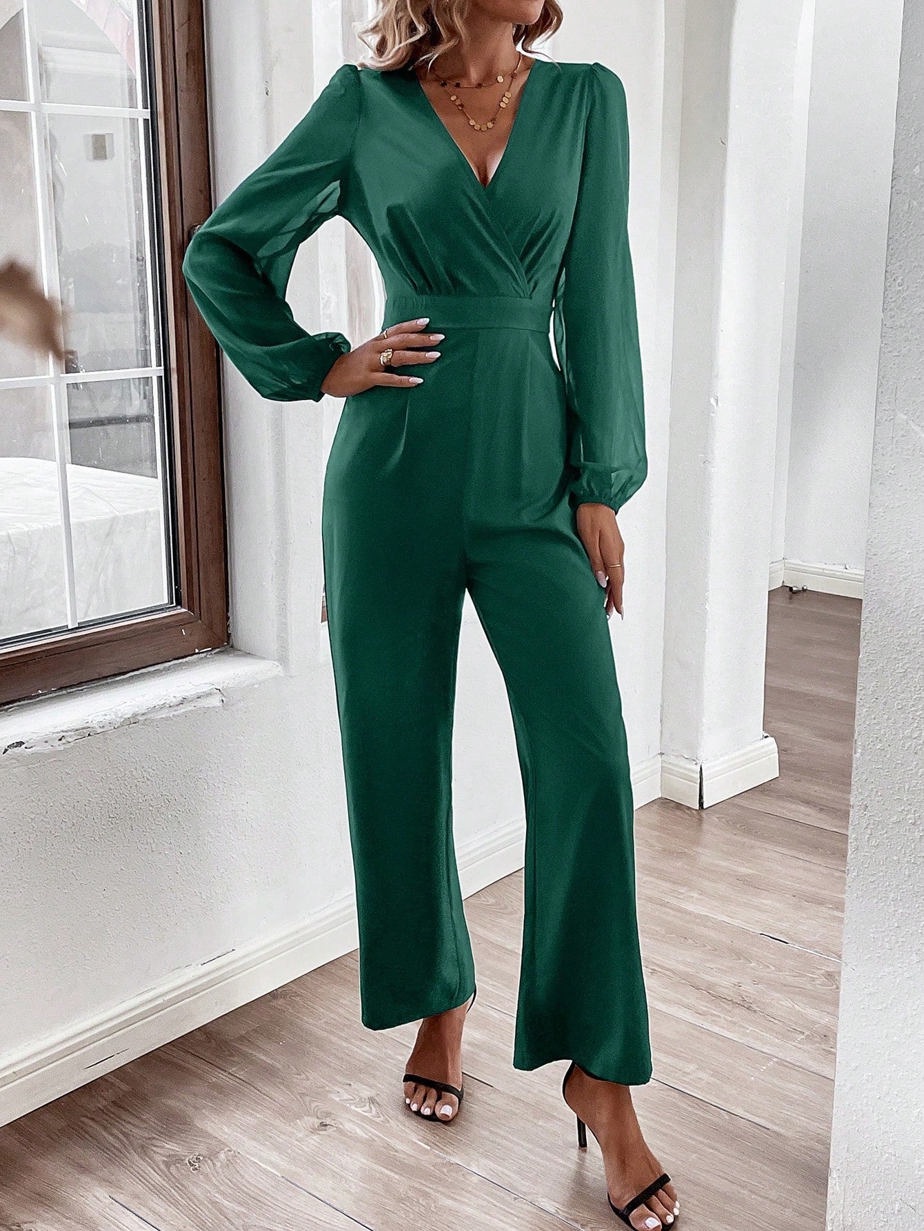 LUNE Solid Color Sheer Mesh Patchwork Lantern Sleeve Jumpsuit