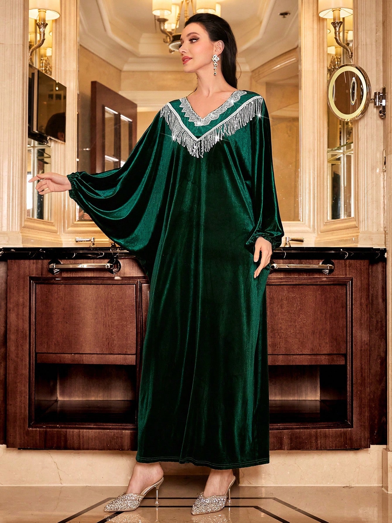 Najma Contrast Sequin Fringe Trim Batwing Sleeve Velvet Kaftan