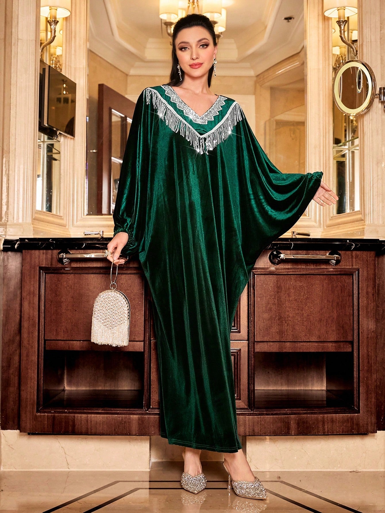 Najma Contrast Sequin Fringe Trim Batwing Sleeve Velvet Kaftan